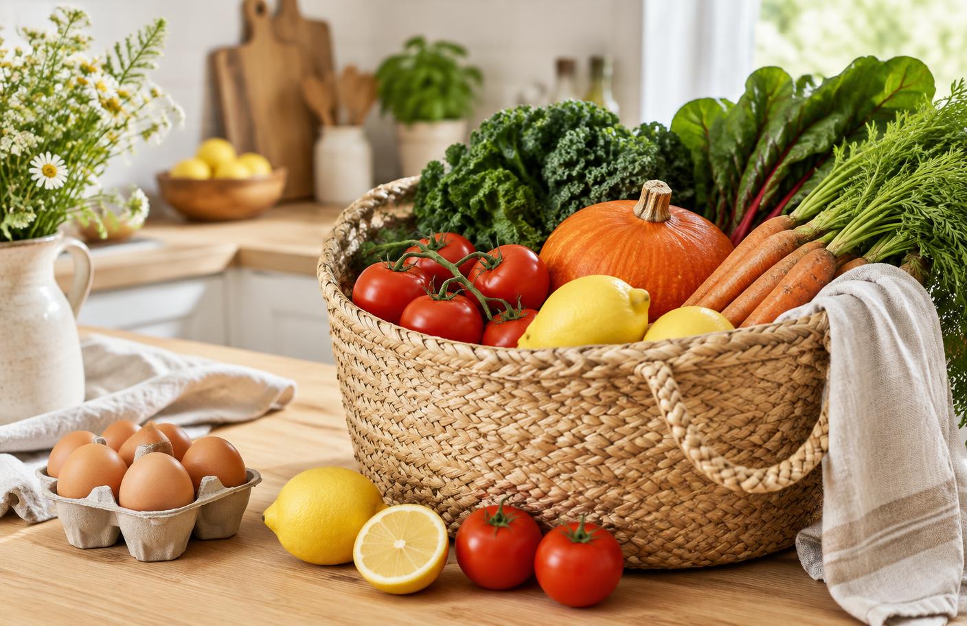 Bancada de cozinha com tomate, cenoura, abóbora, folhas, limão e ovos em cesto de palha
