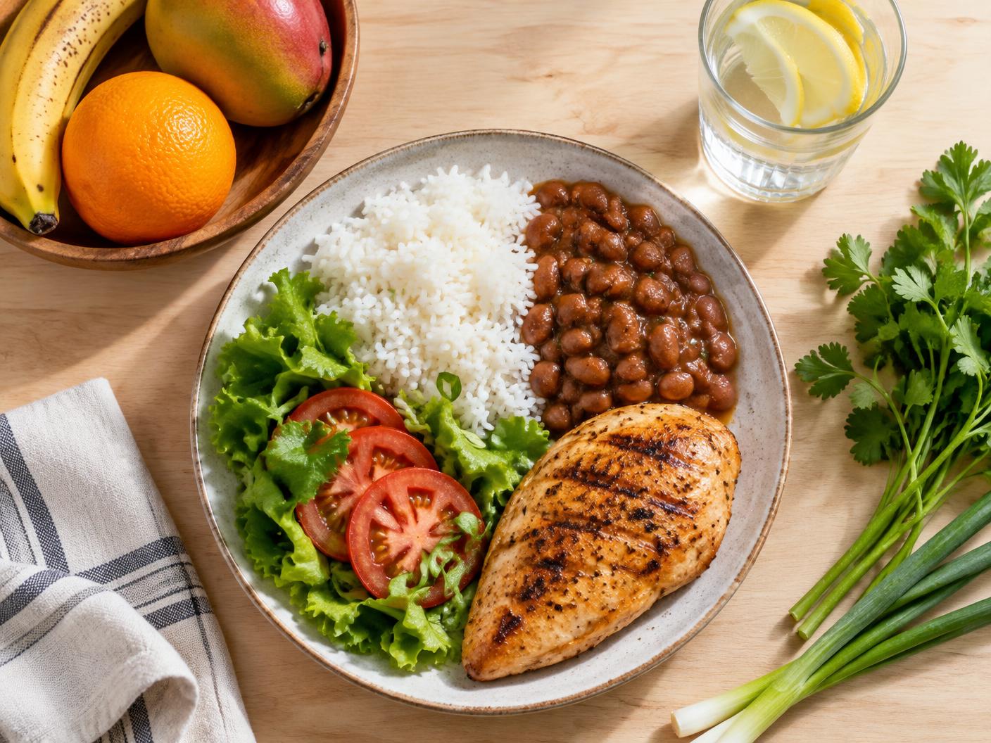 Mesa de madeira clara com prato de arroz, feijão, salada, tomate e frango grelhado, tigela de frutas e copo de água com limão