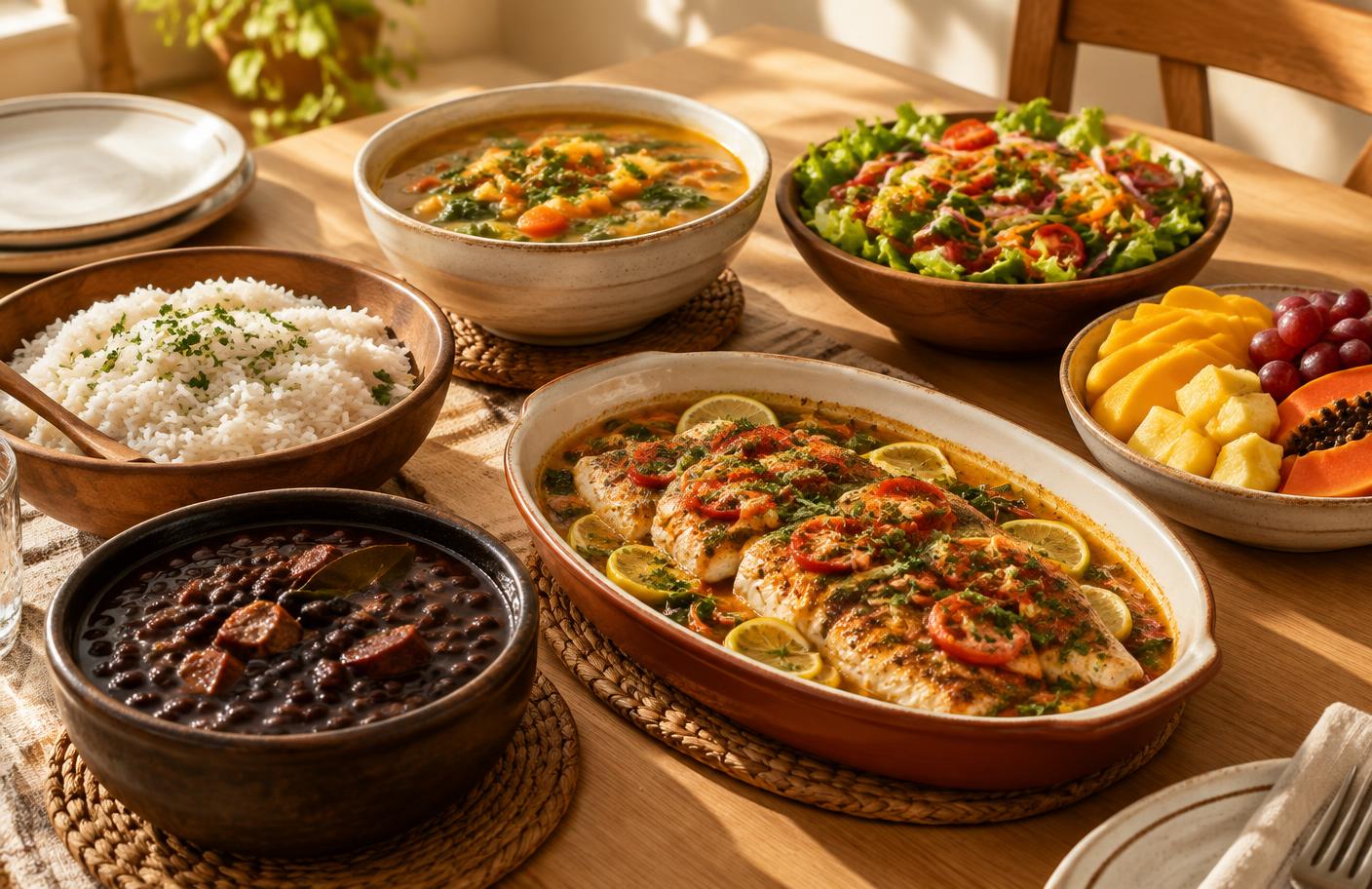 Mesa posta com arroz, feijão, peixe assado, sopa, salada e frutas na luz do fim de tarde