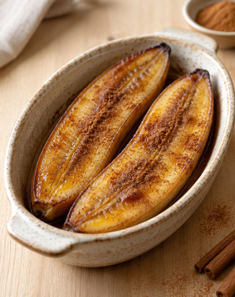 Bananas cortadas ao meio, assadas e douradas, polvilhadas com canela
