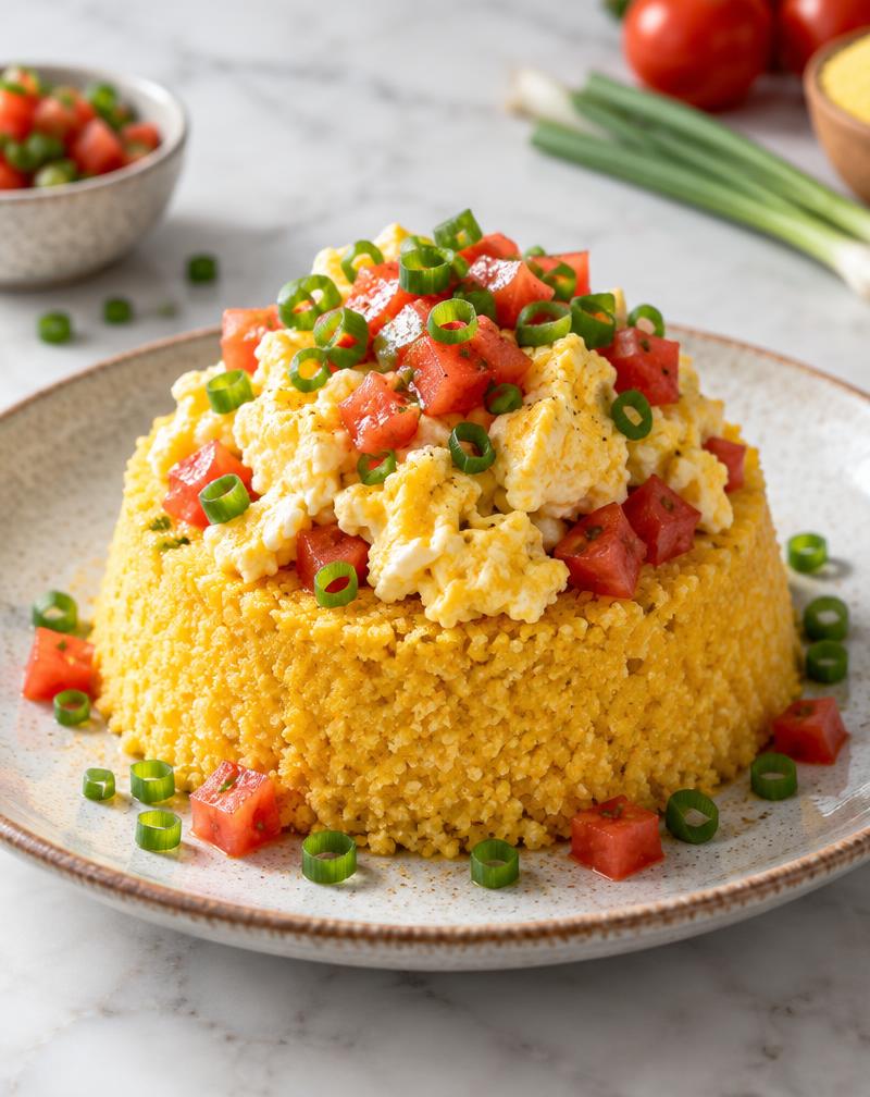 Cuscuz de flocão de milho com ovos mexidos, tomate em cubinhos e cheiro-verde