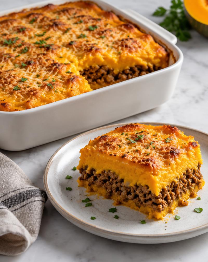 Refratário com escondidinho gratinado de purê de abóbora sobre carne moída
