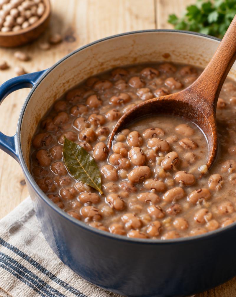 Panela de feijão-carioca com caldo grosso, folha de louro e concha de madeira