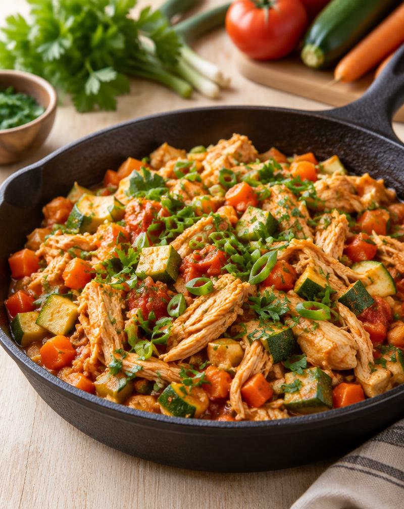 Frigideira com frango desfiado, cenoura, abobrinha, tomate e cheiro-verde