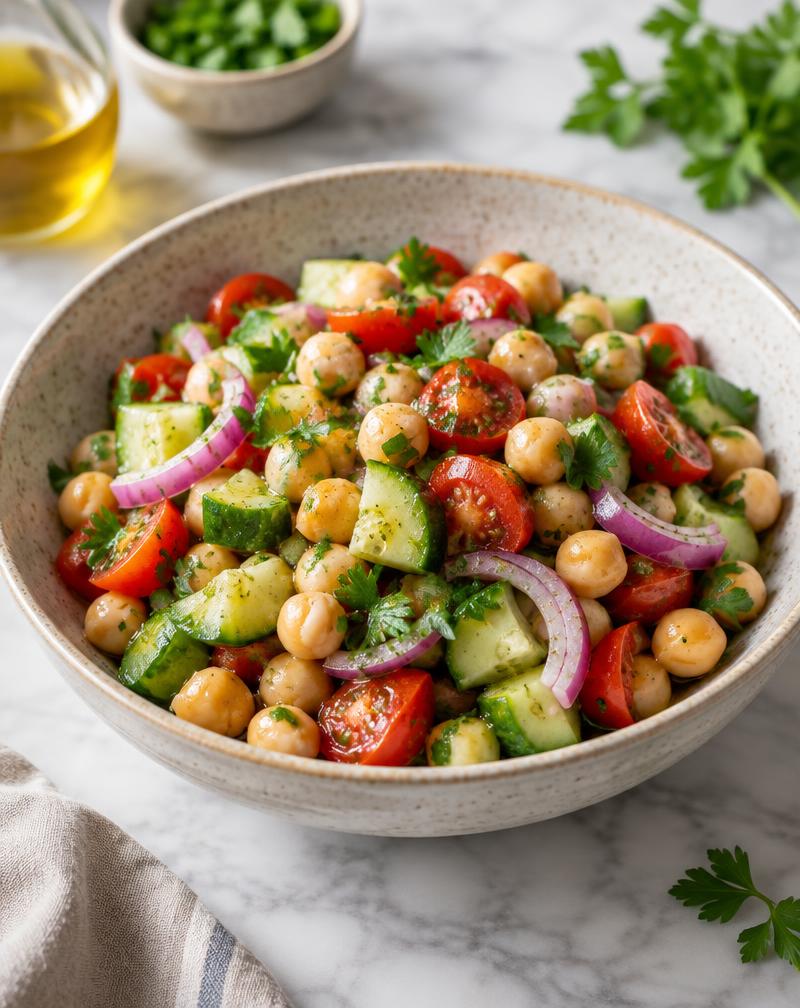 Tigela com grão-de-bico, tomate, pepino, cebola roxa e cheiro-verde