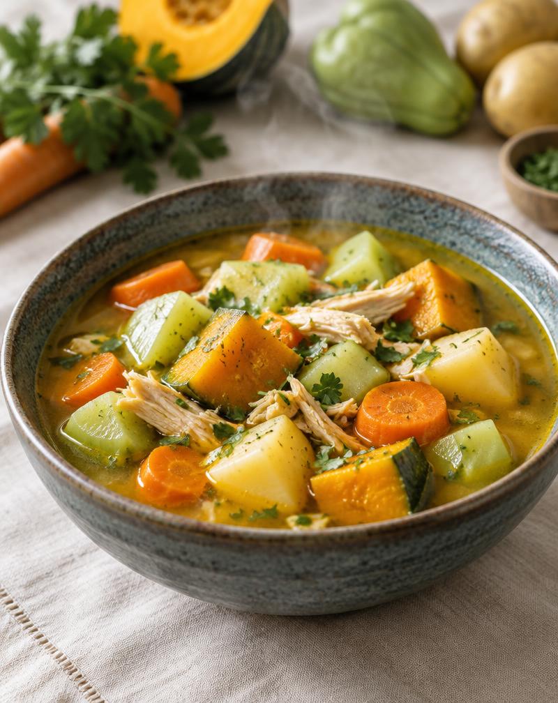 Prato fundo de cerâmica com sopa de batata, cenoura, chuchu, abóbora e frango
